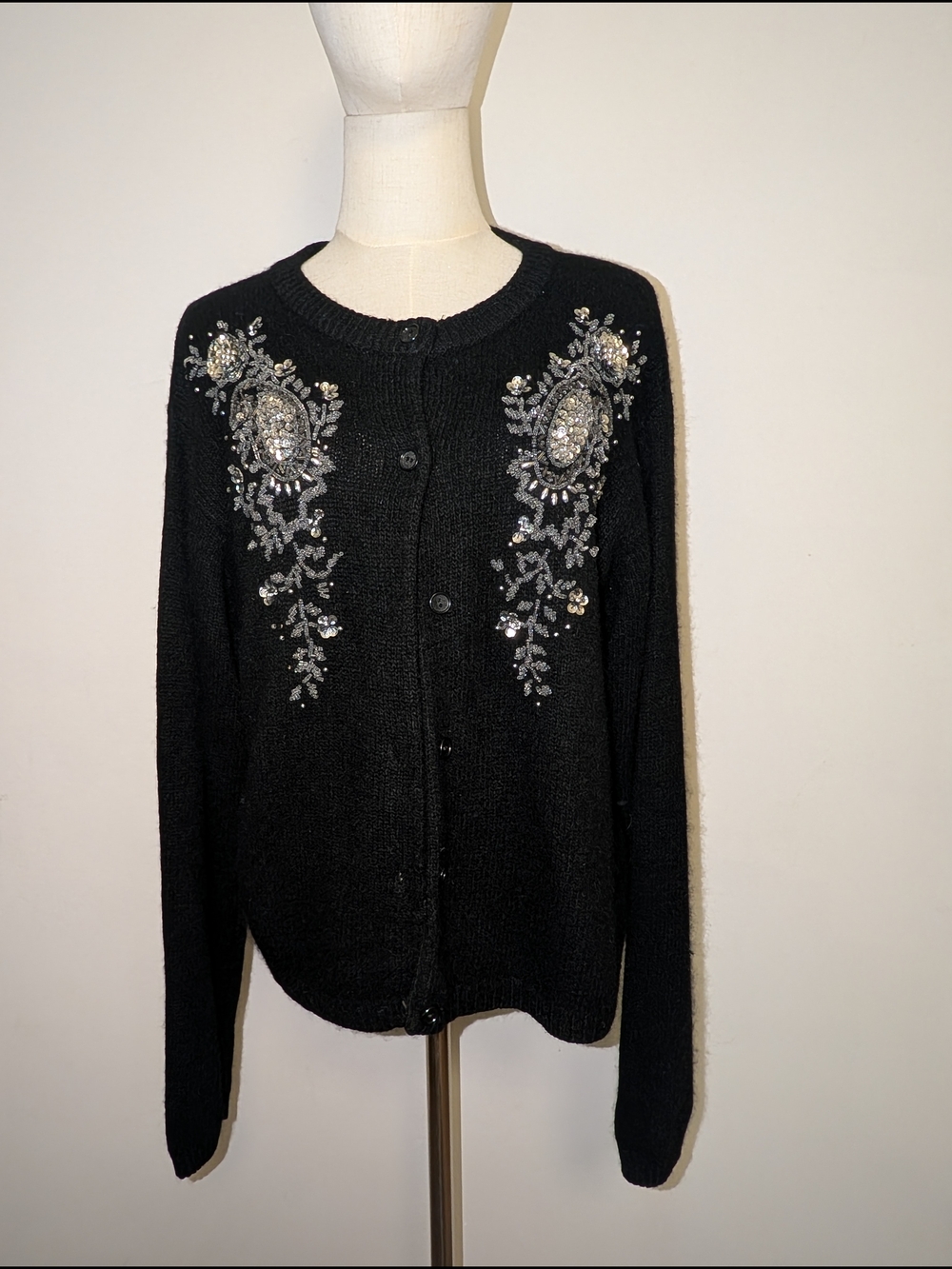 Vintage Silk/Wool/Angora Blend Black Embellished And Beaded Crewneck Cardigan
